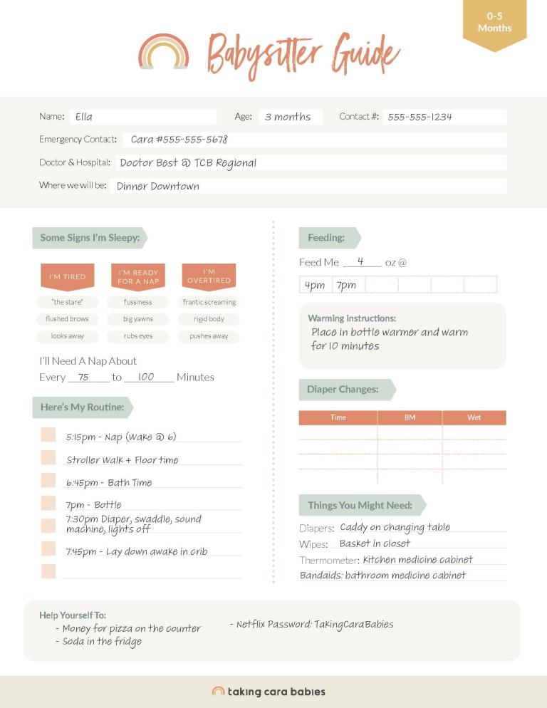 filled out example guide to leave with a babysitter caring for a baby 0-5 months
