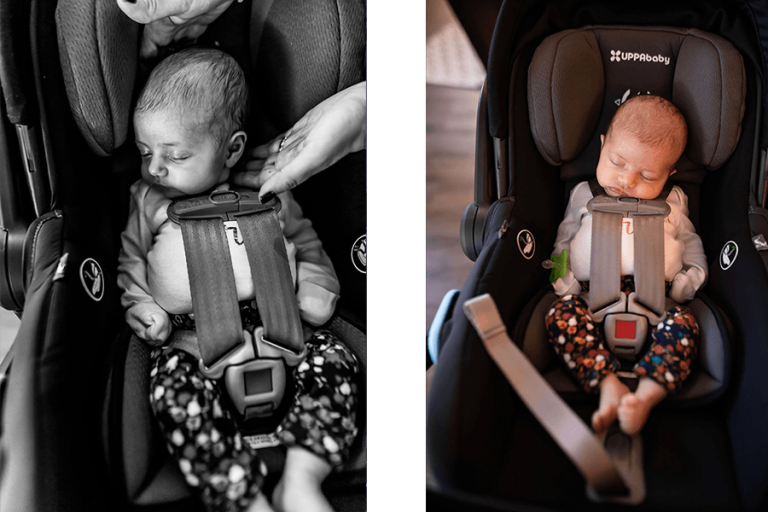 two images showing unsafe sleep in the car seat