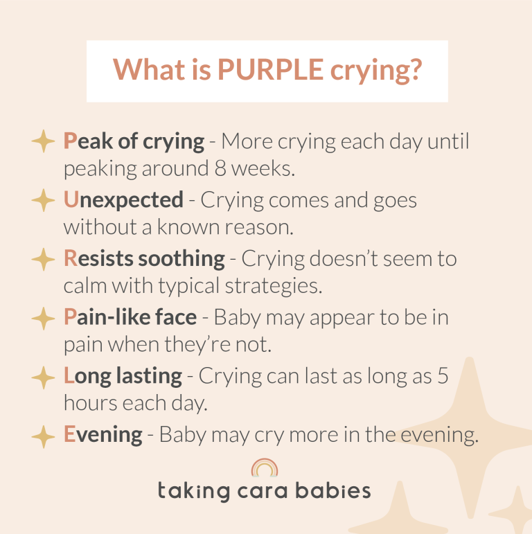 What is PURPLE crying? Peak of crying; Unexpected; Resists soothing Pain-like face; Long lasting; Evening.